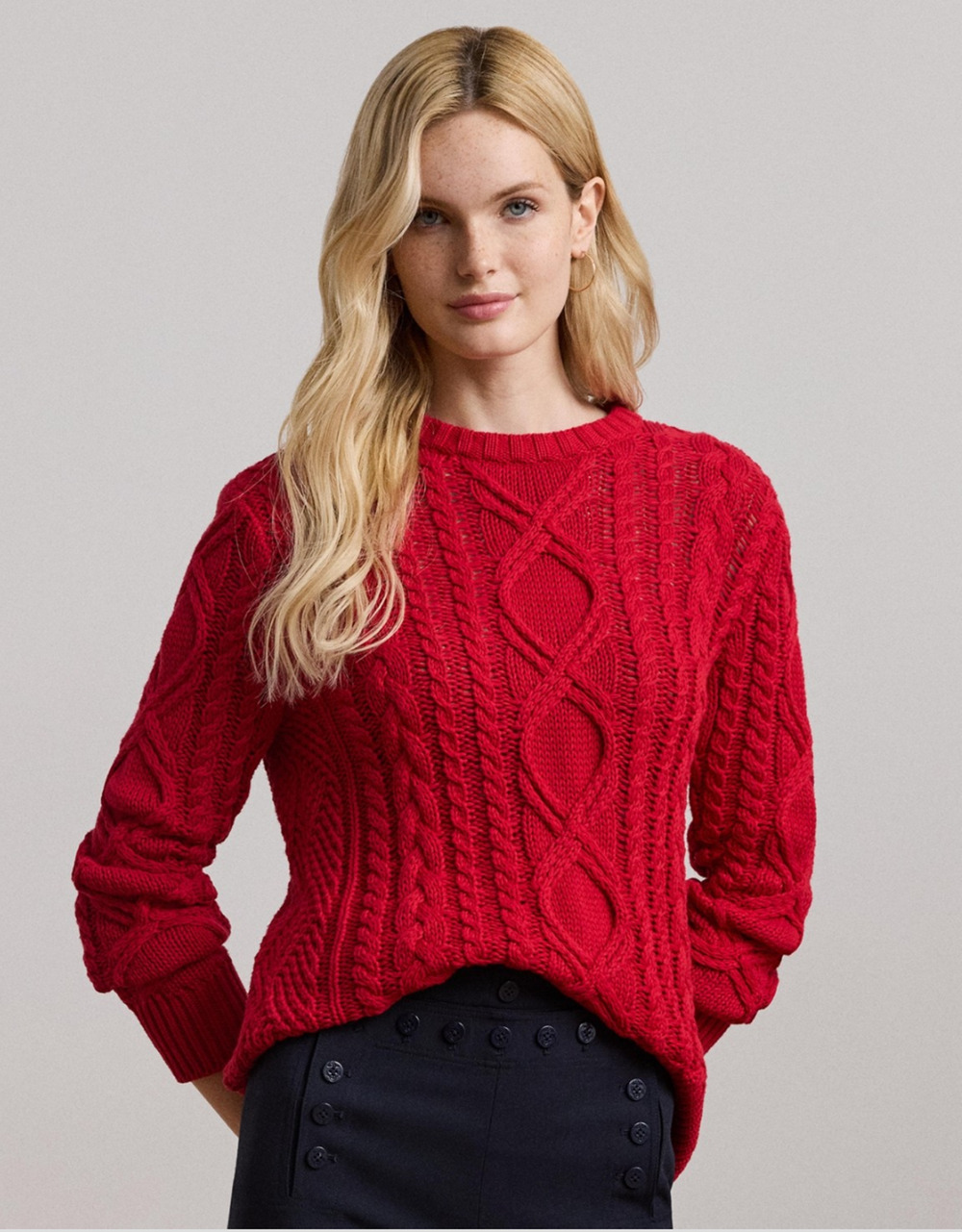 Lauren Ralph Lauren Women Aran Knit Crewneck Sweater Red Petite Size PXS